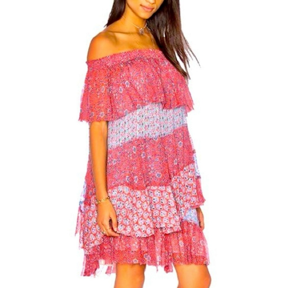 Rebecca Taylor Amanda Patchwork Ruffle OTS Midi Dress Berry Pink Blue Size 0 NWT